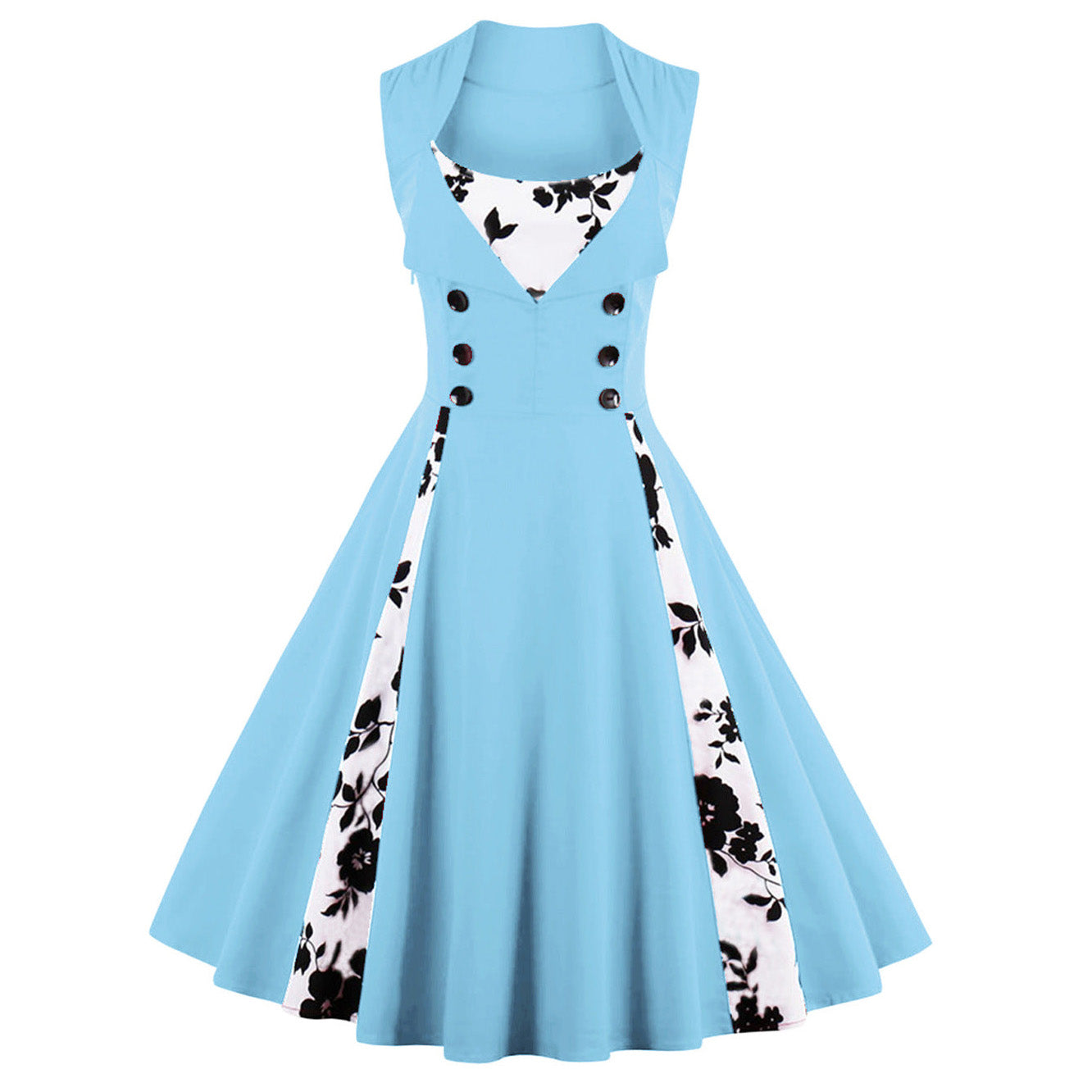 Womens Sleeveless Rockabilly Vintage Flower Cocktail Party Dress Blue