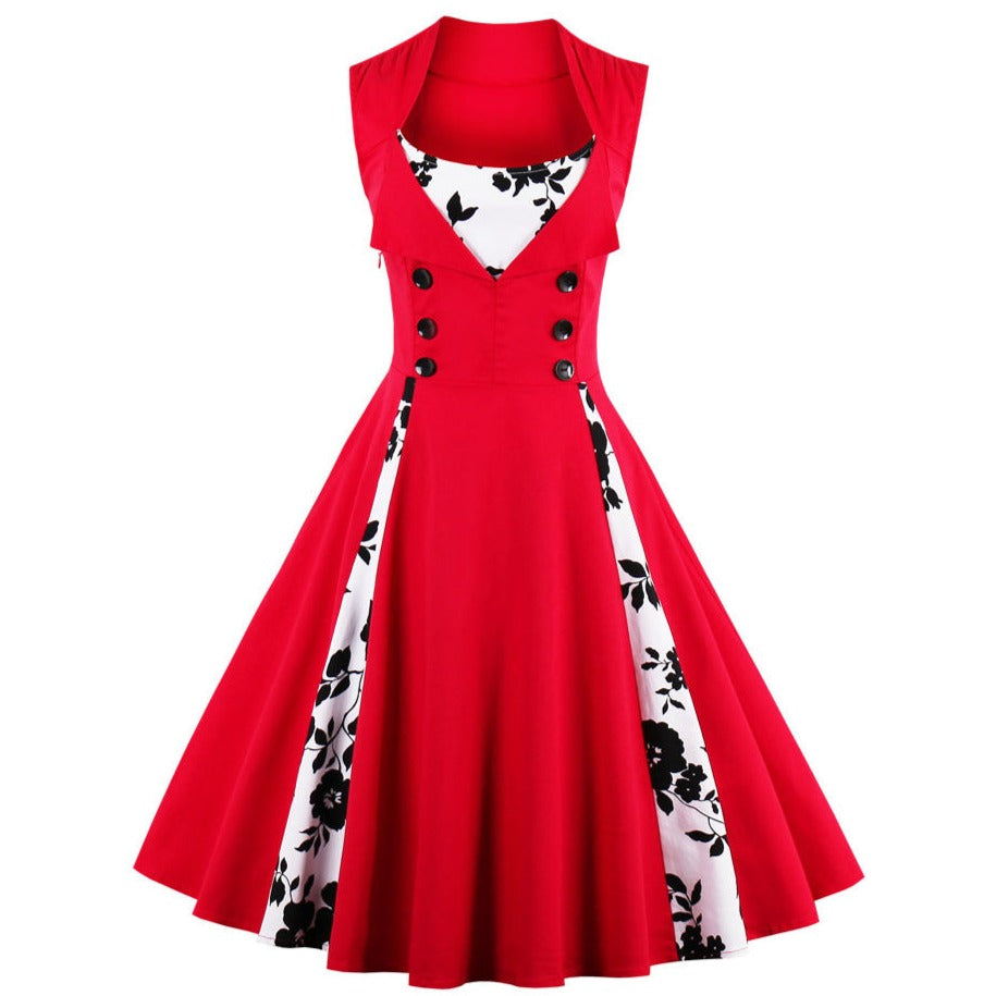 Womens Sleeveless Rockabilly Vintage Flower Cocktail Party Dress Red