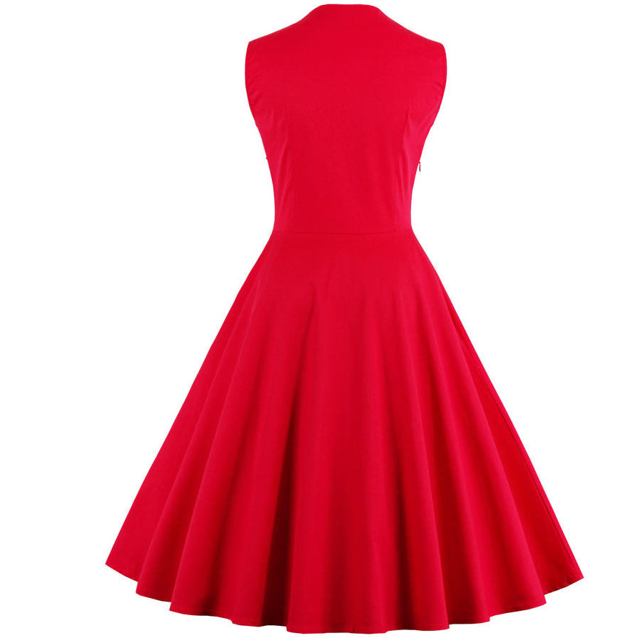 Womens Sleeveless Rockabilly Vintage Flower Cocktail Party Dress Red