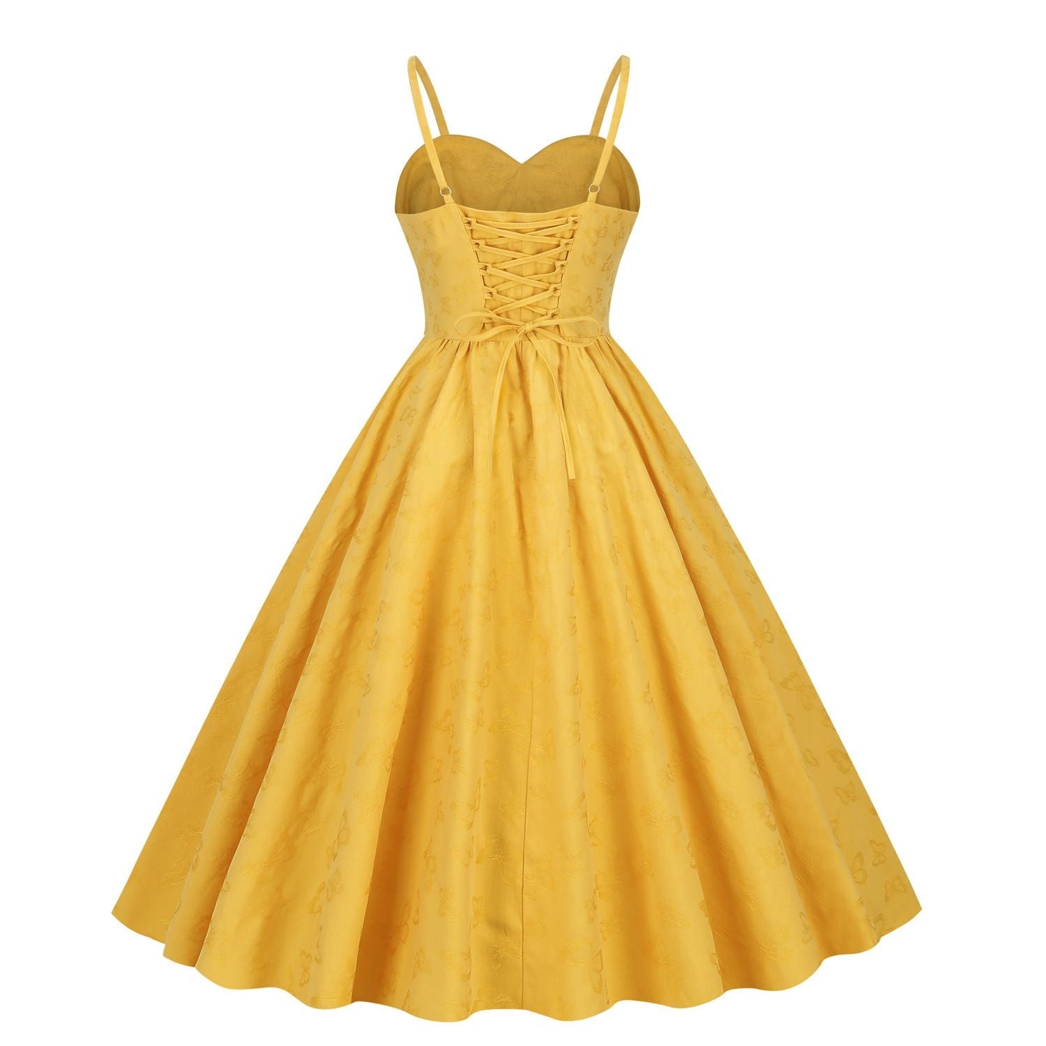 Womens Sleeveless Vintage 1950s Dress Spaghetti Strap A-line Midi Dresses Yellow