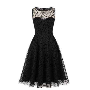Womens Sleeveless Wrap Ruffle A Line Embroidery Summer Dress Black Leaf