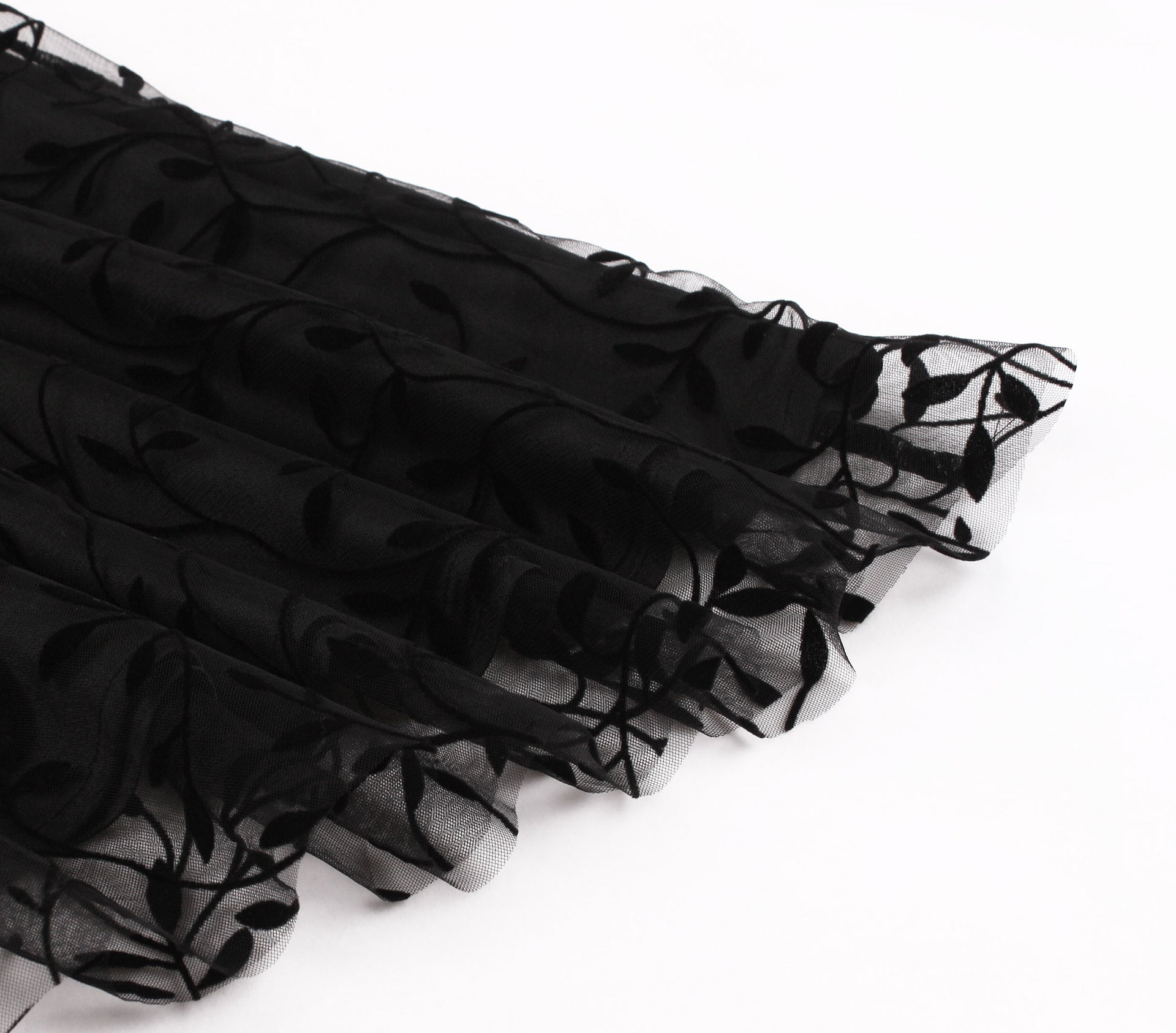 Womens Sleeveless Wrap Ruffle A Line Embroidery Summer Dress Black Leaf
