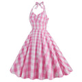 Womens Vintage 1950s Cocktail Halter Retro Formal A-line Midi Dress Pink
