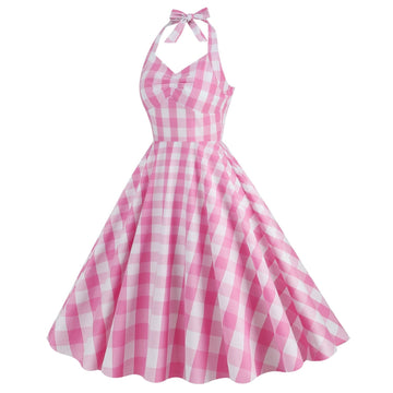 Womens Vintage 1950s Cocktail Halter Retro Formal A-line Midi Dress Pink