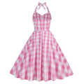 Womens Vintage 1950s Cocktail Halter Retro Formal A-line Midi Dress Pink