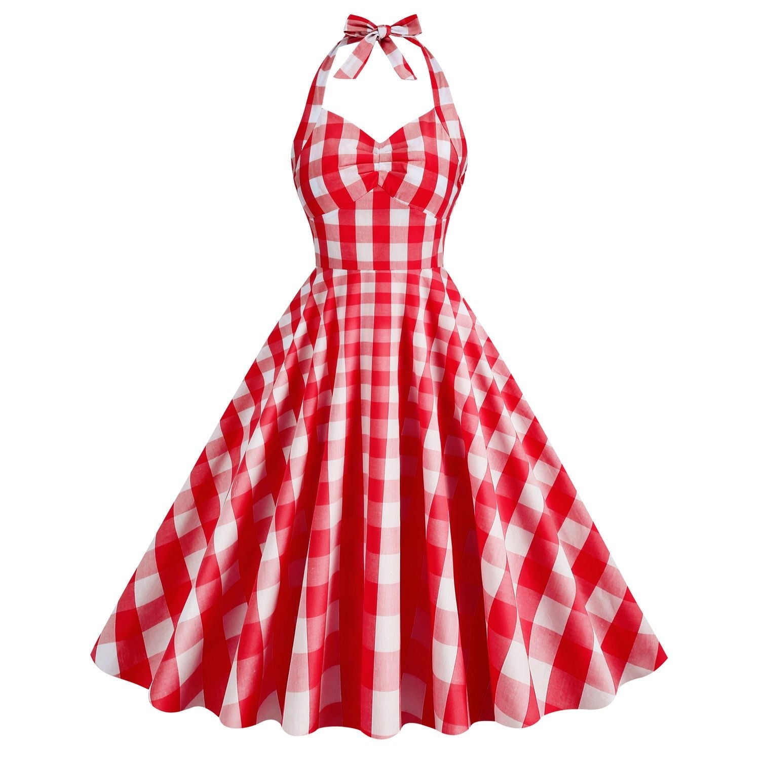 Womens Vintage 1950s Cocktail Halter Retro Formal A-line Midi Dress Red