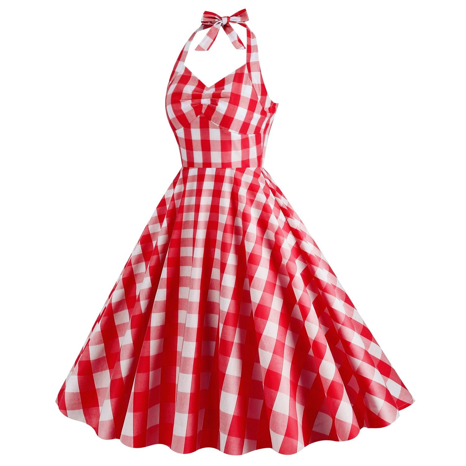 Womens Vintage 1950s Cocktail Halter Retro Formal A-line Midi Dress Red