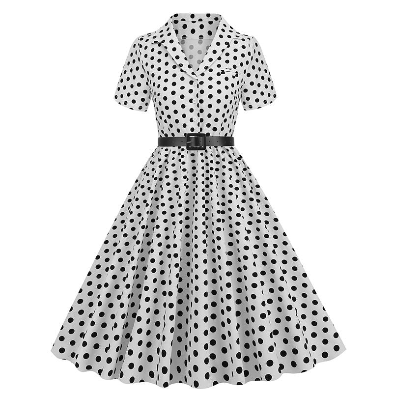 Womens Vintage 1950s Cocktail Party Swing Polka Dots Audrey Casual A Line Midi Dress White
