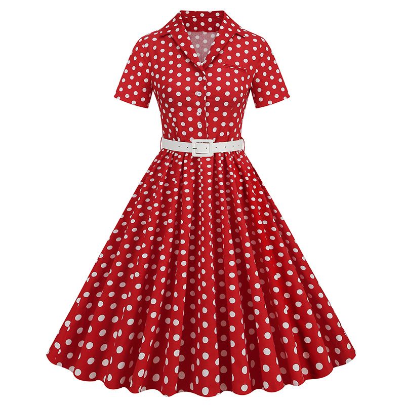 Womens Vintage 1950s Cocktail Party Swing Polka Dots Audrey Casual A Line Midi Dress White Red