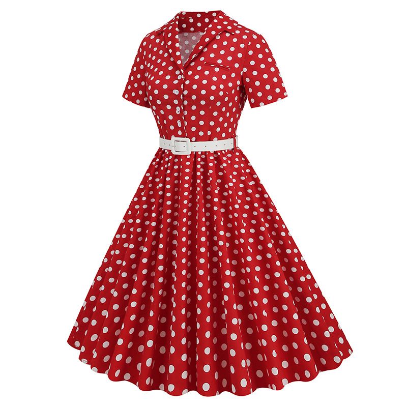 Womens Vintage 1950s Cocktail Party Swing Polka Dots Audrey Casual A Line Midi Dress White Red
