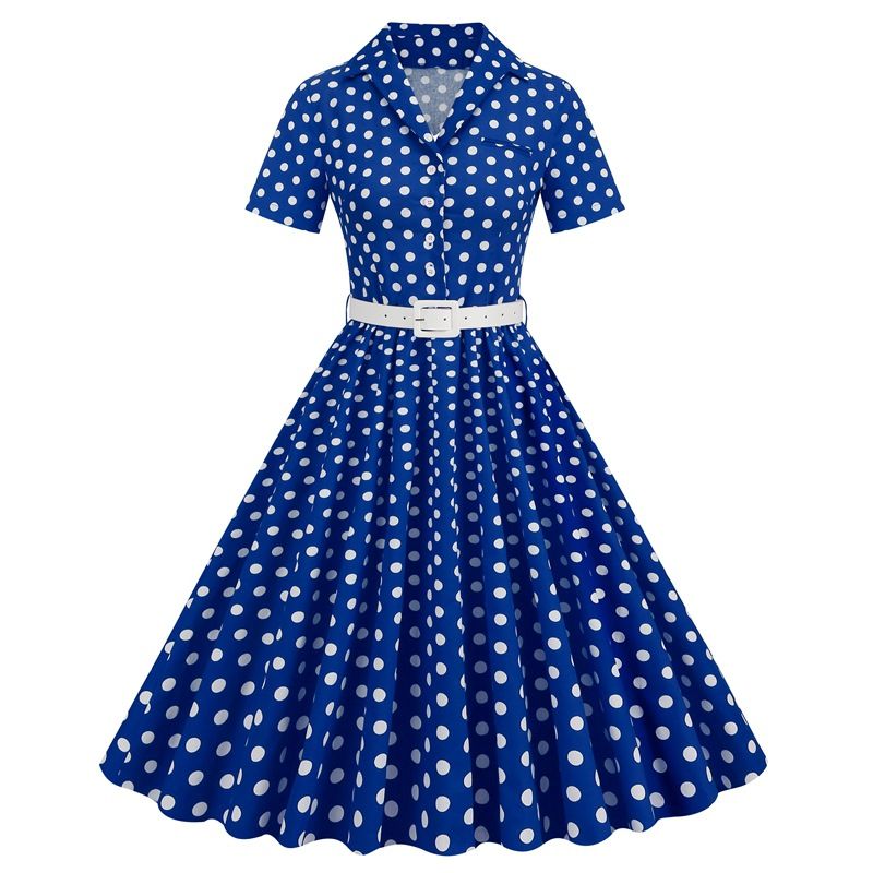 Womens Vintage 1950s Cocktail Party Swing Polka Dots Audrey Casual A Line Midi Dress White Red Blue