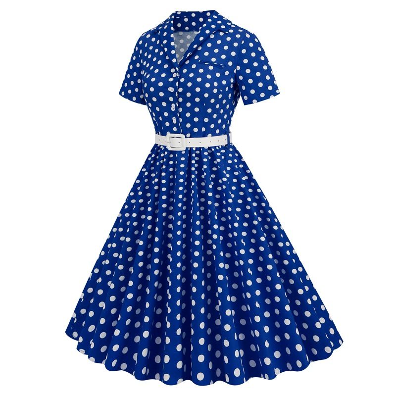 Womens Vintage 1950s Cocktail Party Swing Polka Dots Audrey Casual A Line Midi Dress White Red Blue