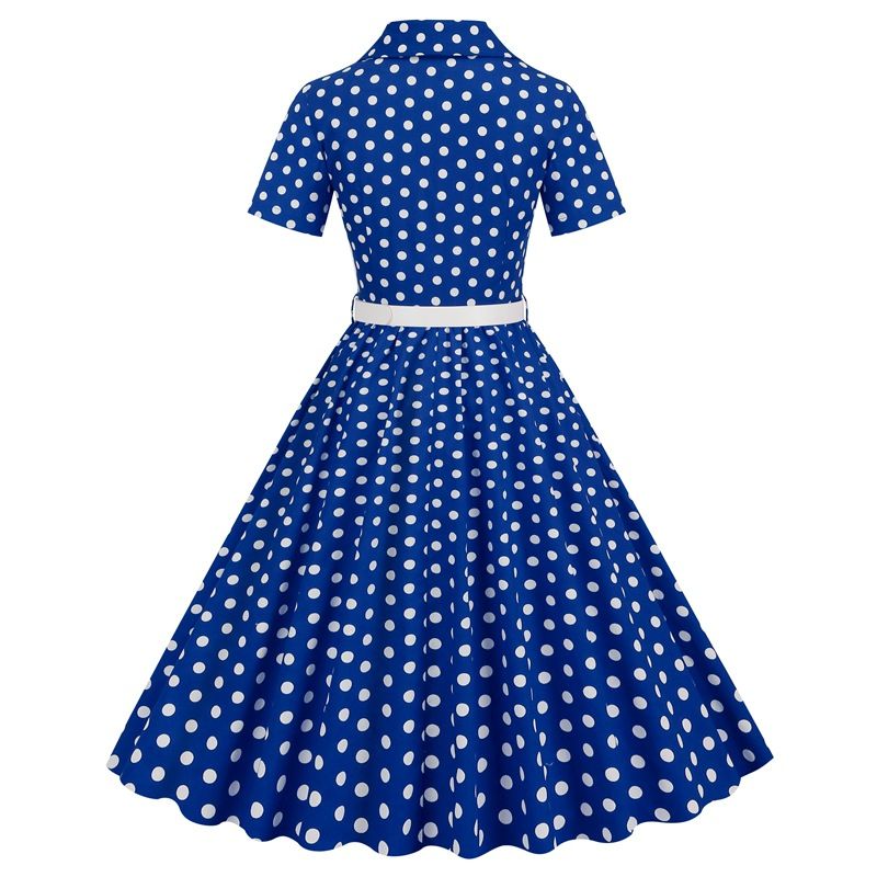 Womens Vintage 1950s Cocktail Party Swing Polka Dots Audrey Casual A Line Midi Dress White Red Blue