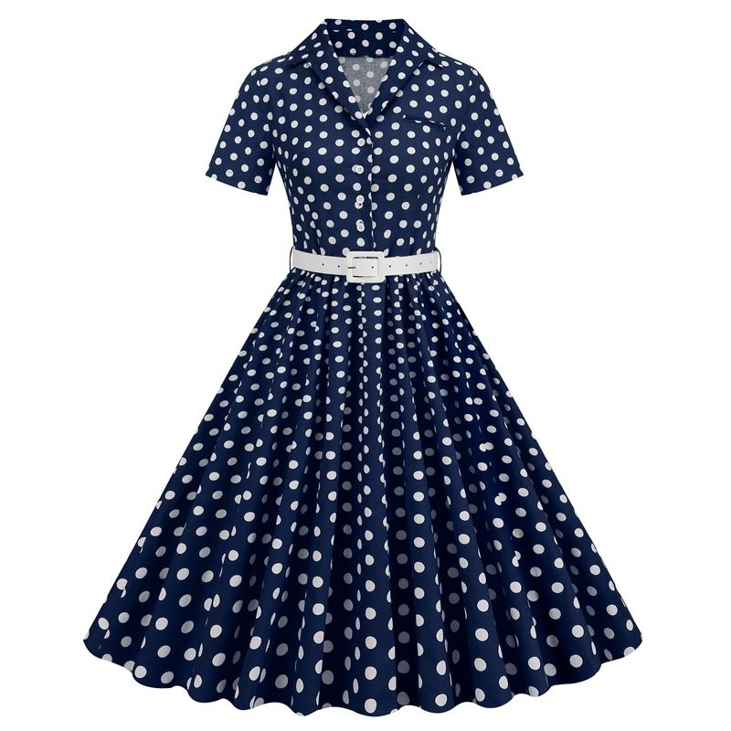 Womens Vintage 1950s Cocktail Party Swing Polka Dots Audrey Casual A Line Midi Dress White Red Navy