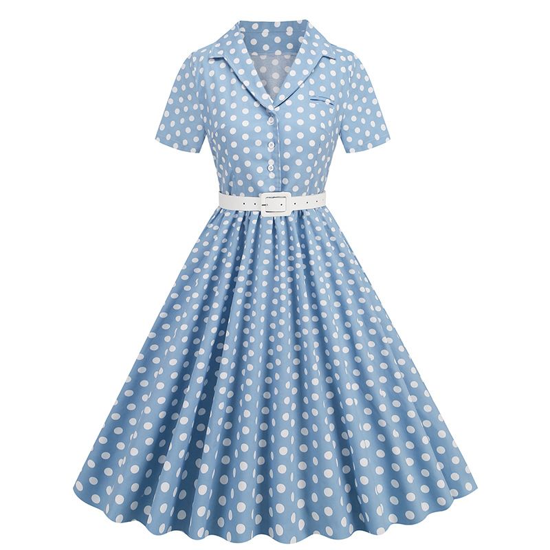 Womens Vintage 1950s Cocktail Party Swing Polka Dots Audrey Casual A Line Midi Dress White Sky
