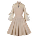 Womens Vintage 1950s Lace A Line Pleated Flare Cocktail Long Dress Beige