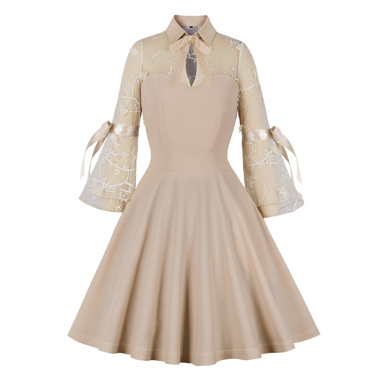 Womens Vintage 1950s Lace A Line Pleated Flare Cocktail Long Dress Beige