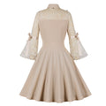 Womens Vintage 1950s Lace A Line Pleated Flare Cocktail Long Dress Beige
