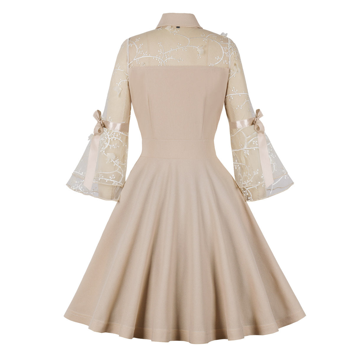 Womens Vintage 1950s Lace A Line Pleated Flare Cocktail Long Dress Beige
