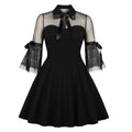Womens Vintage 1950s Lace A Line Pleated Flare Cocktail Long Dress Black