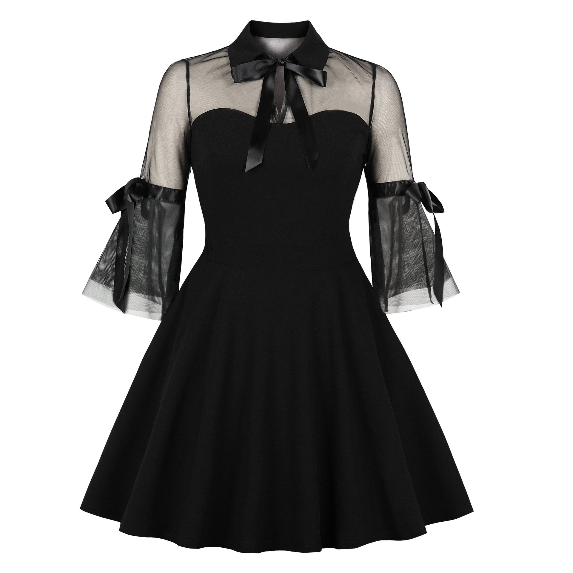 Womens Vintage 1950s Lace A Line Pleated Flare Cocktail Long Dress Black