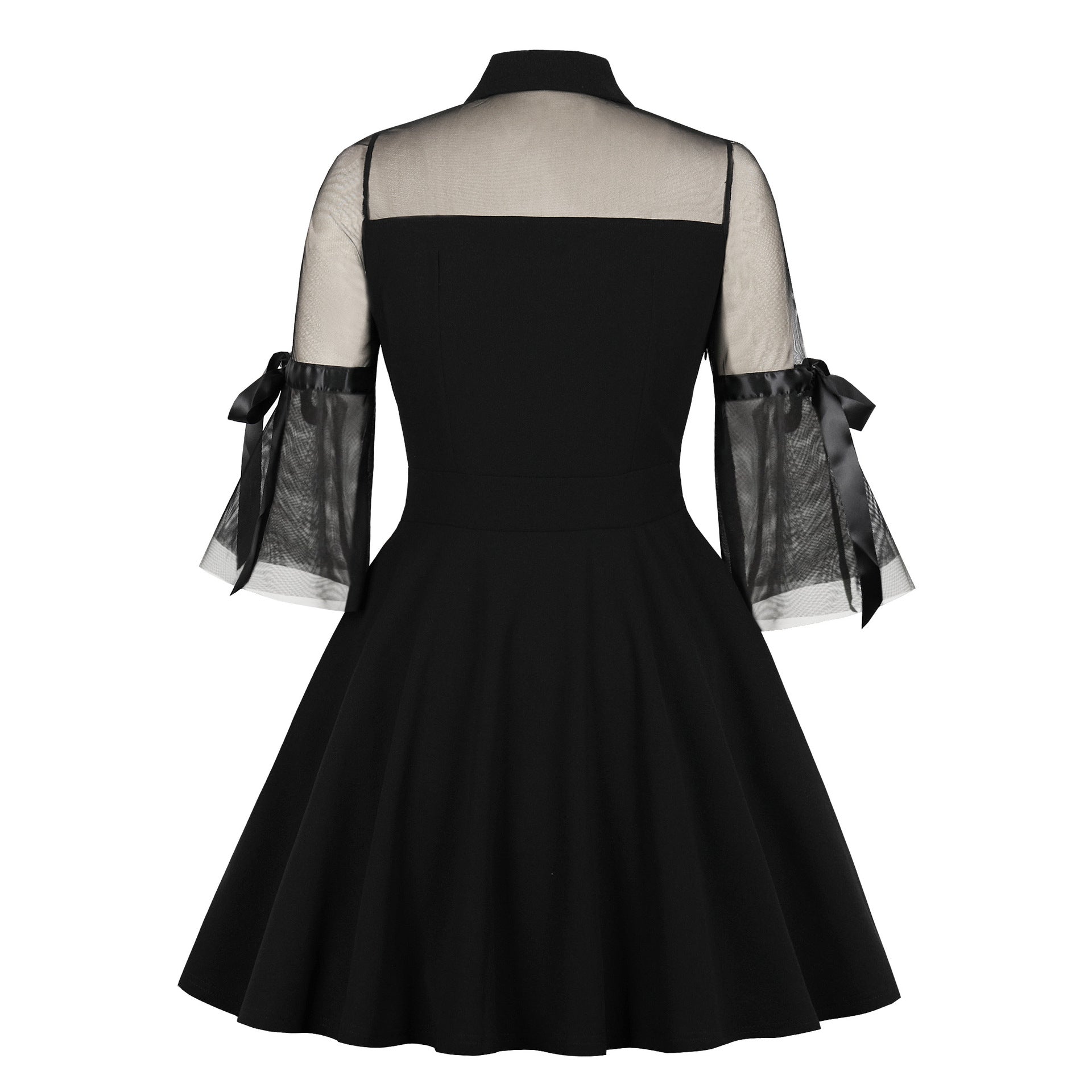 Womens Vintage 1950s Lace A Line Pleated Flare Cocktail Long Dress Black