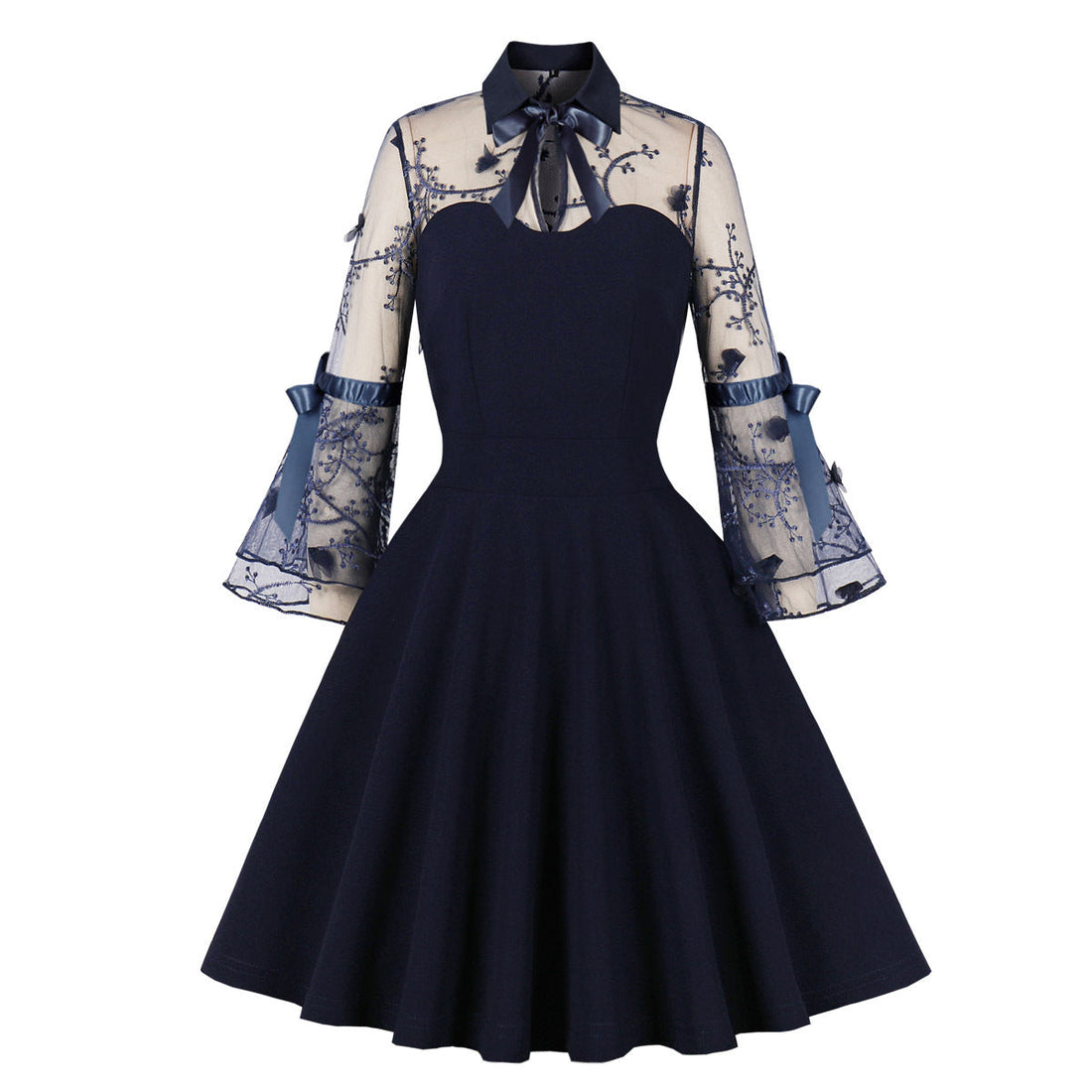 Womens Vintage 1950s Lace A Line Pleated Flare Cocktail Long Dress Navy