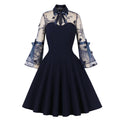Womens Vintage 1950s Lace A Line Pleated Flare Cocktail Long Dress Navy
