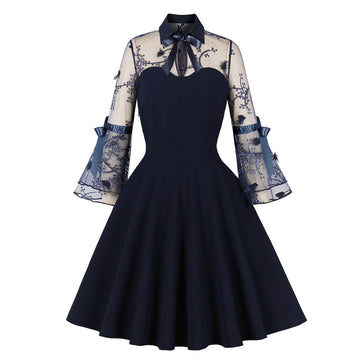 Womens Vintage 1950s Lace A Line Pleated Flare Cocktail Long Dress Navy
