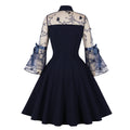 Womens Vintage 1950s Lace A Line Pleated Flare Cocktail Long Dress Navy