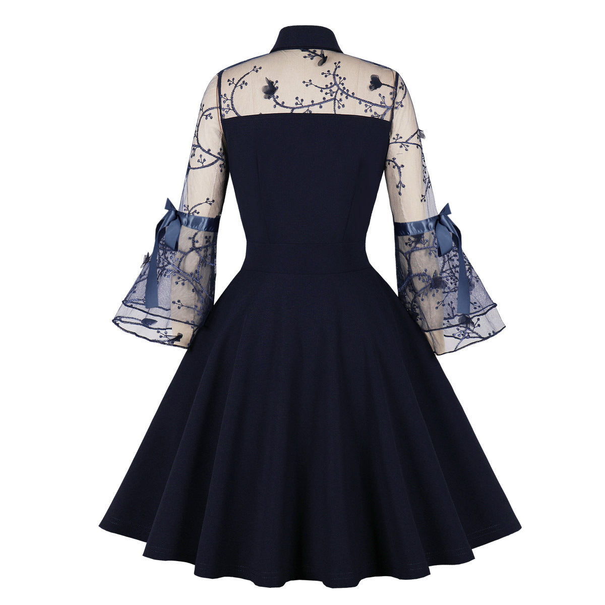 Womens Vintage 1950s Lace A Line Pleated Flare Cocktail Long Dress Navy