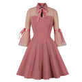 Womens Vintage 1950s Lace A Line Pleated Flare Cocktail Long Dress Pink