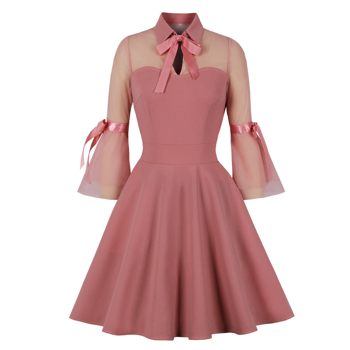 Womens Vintage 1950s Lace A Line Pleated Flare Cocktail Long Dress Pink