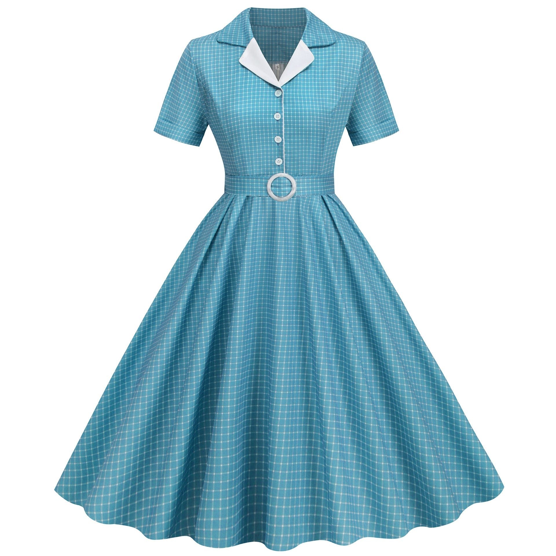 Womens Vintage 1950s Plaid Belt Slim-Fit Swing Retro Dress Mid-Length Dress Blue