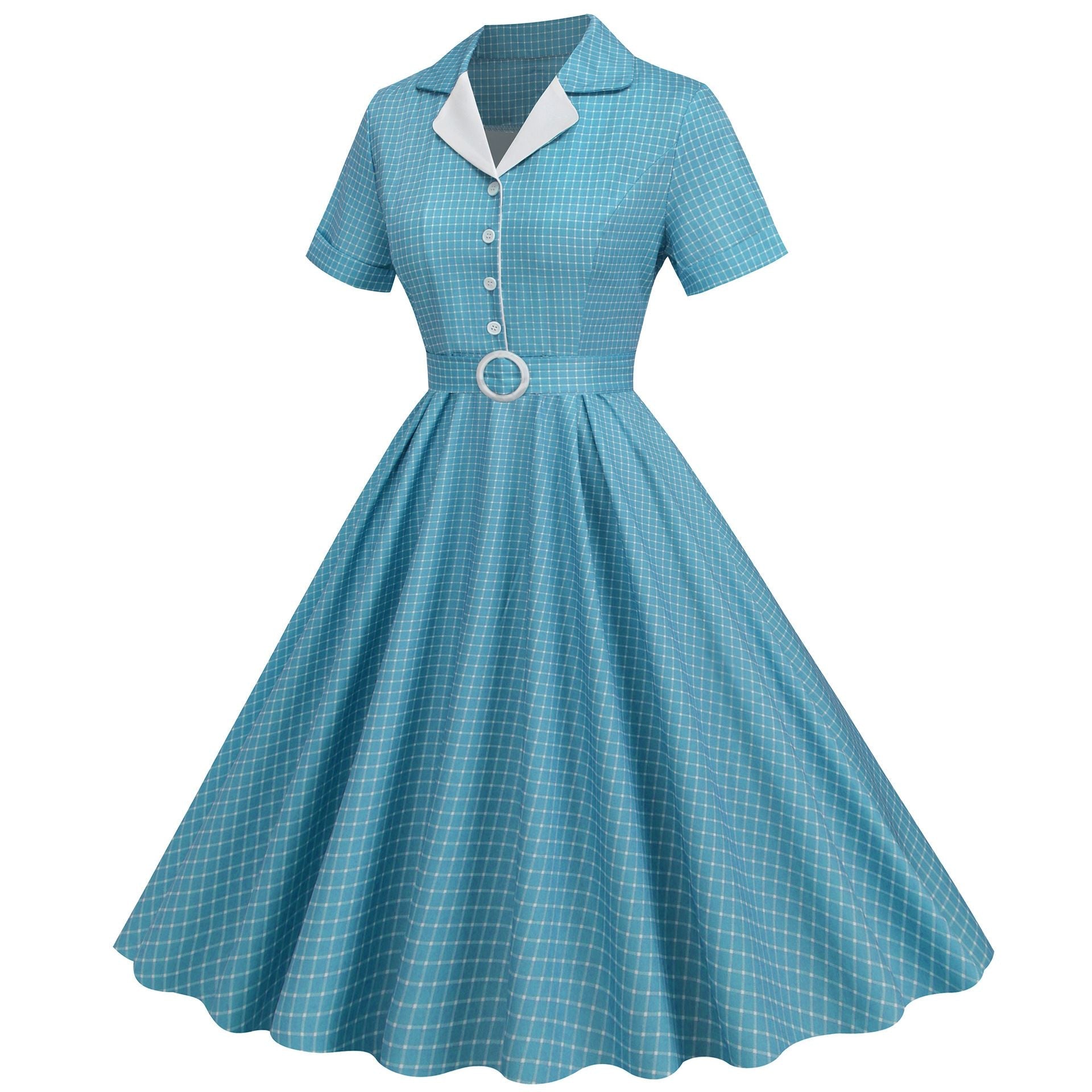 Womens Vintage 1950s Plaid Belt Slim-Fit Swing Retro Dress Mid-Length Dress Blue