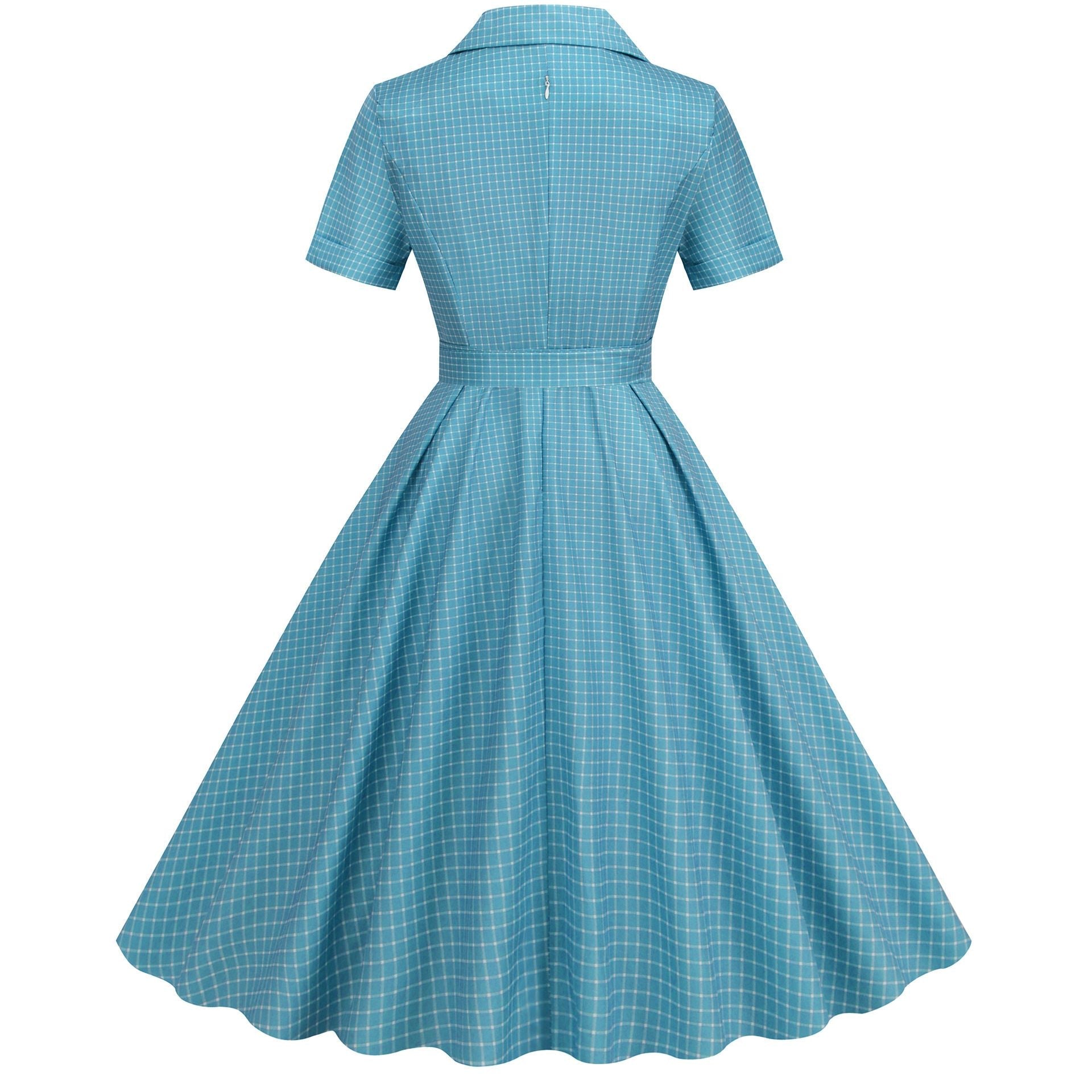 Womens Vintage 1950s Plaid Belt Slim-Fit Swing Retro Dress Mid-Length Dress Blue