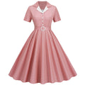Womens Vintage 1950s Plaid Belt Slim-Fit Swing Retro Dress Mid-Length Dress Pink