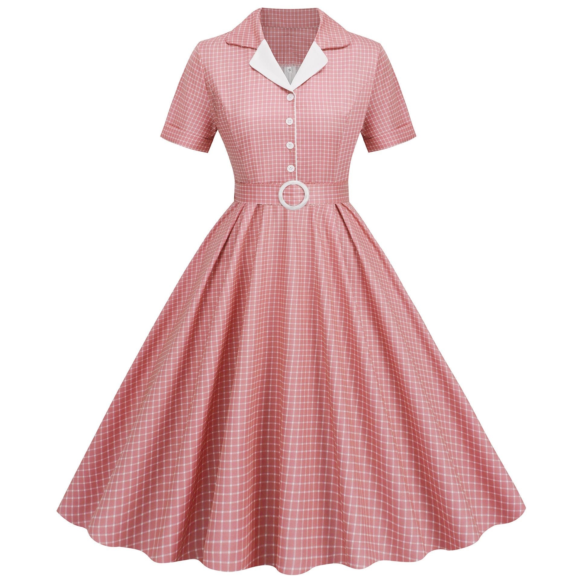 Womens Vintage 1950s Plaid Belt Slim-Fit Swing Retro Dress Mid-Length Dress Pink