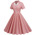 Womens Vintage 1950s Plaid Belt Slim-Fit Swing Retro Dress Mid-Length Dress Pink
