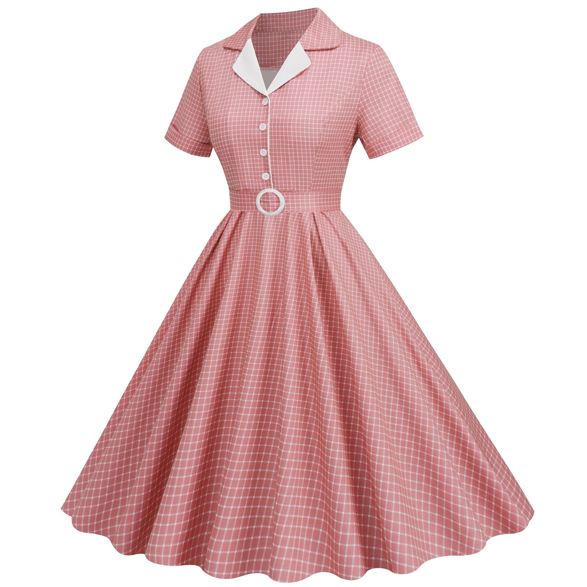 Womens Vintage 1950s Plaid Belt Slim-Fit Swing Retro Dress Mid-Length Dress Pink