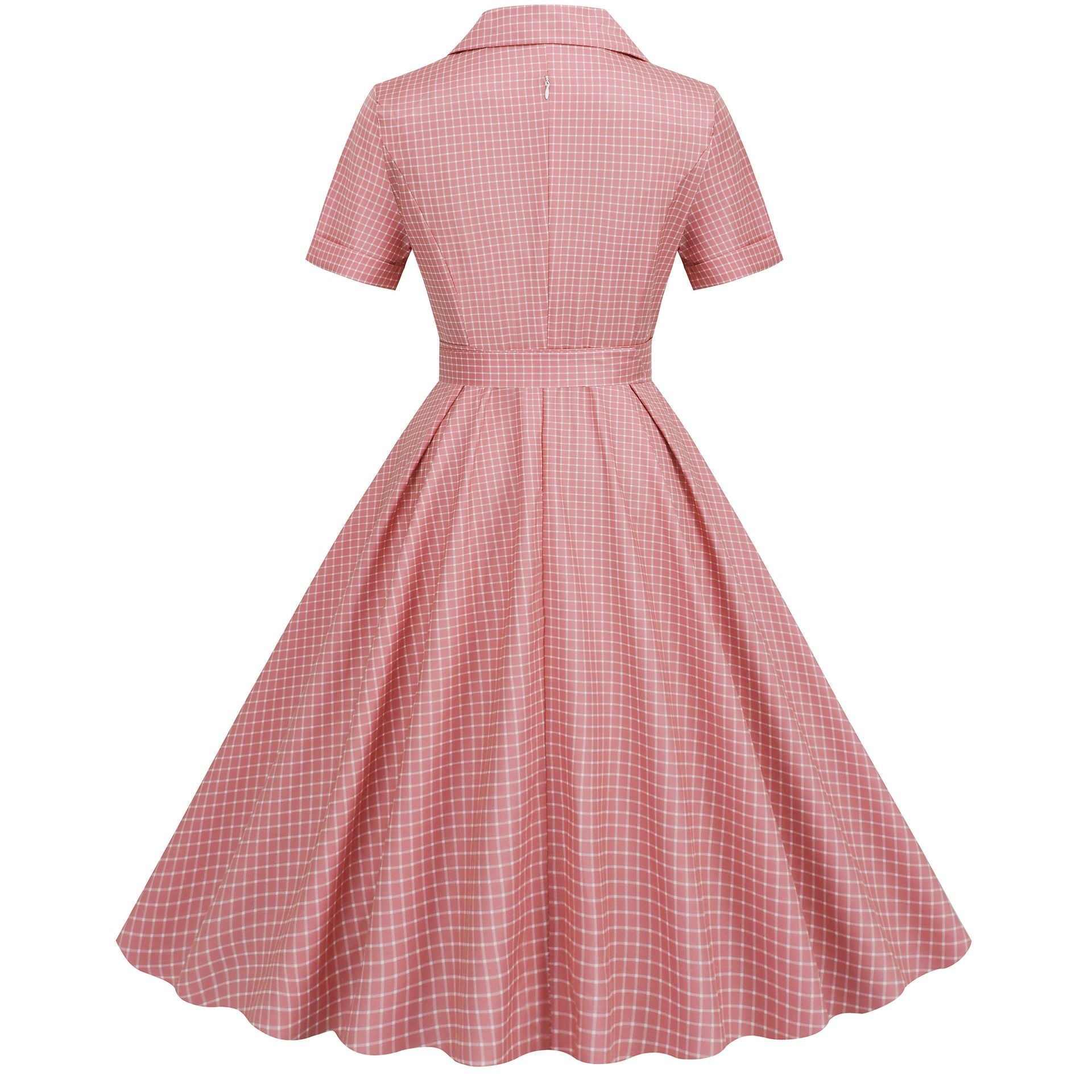 Womens Vintage 1950s Plaid Belt Slim-Fit Swing Retro Dress Mid-Length Dress Pink