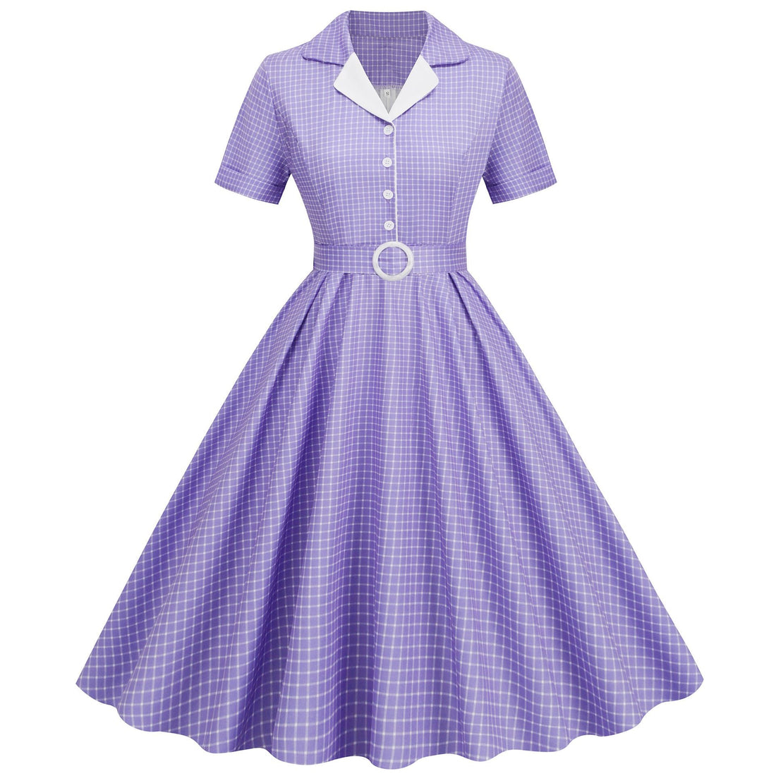 Womens Vintage 1950s Plaid Belt Slim-Fit Swing Retro Dress Mid-Length Dress Purple