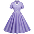 Womens Vintage 1950s Plaid Belt Slim-Fit Swing Retro Dress Mid-Length Dress Purple