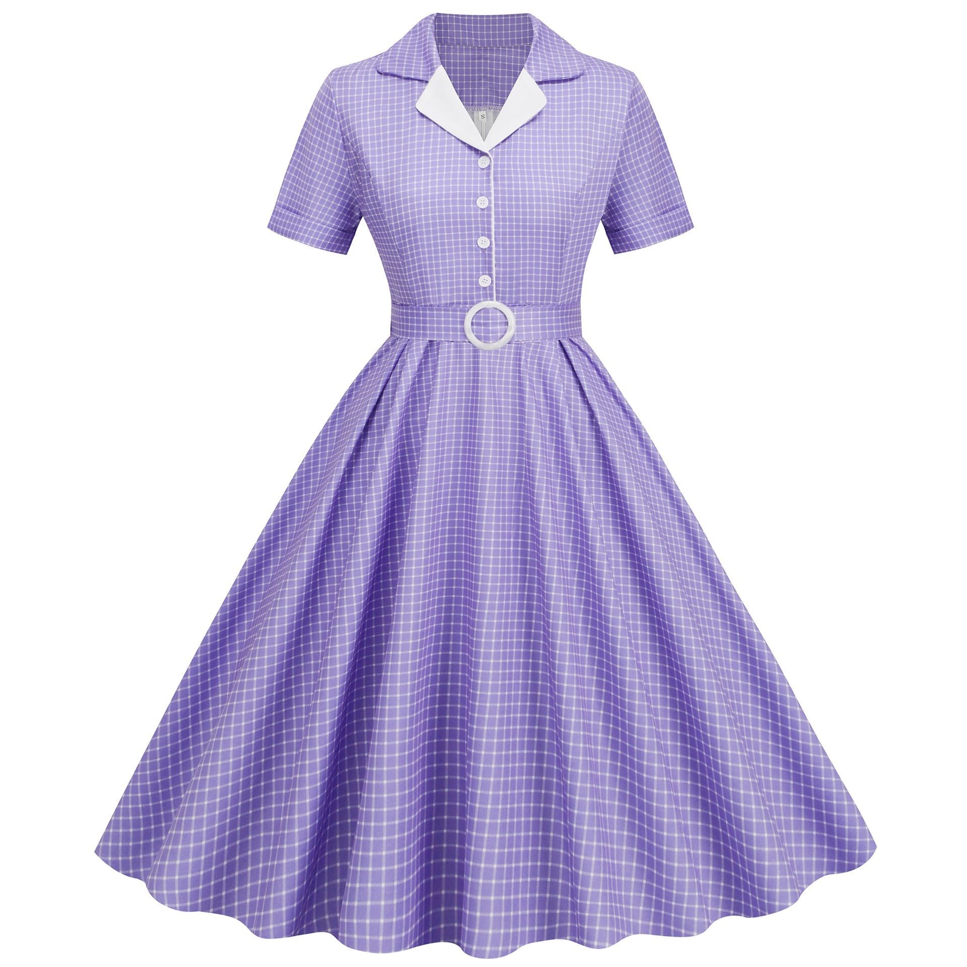 Womens Vintage 1950s Plaid Belt Slim-Fit Swing Retro Dress Mid-Length Dress Purple