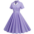 Womens Vintage 1950s Plaid Belt Slim-Fit Swing Retro Dress Mid-Length Dress Purple
