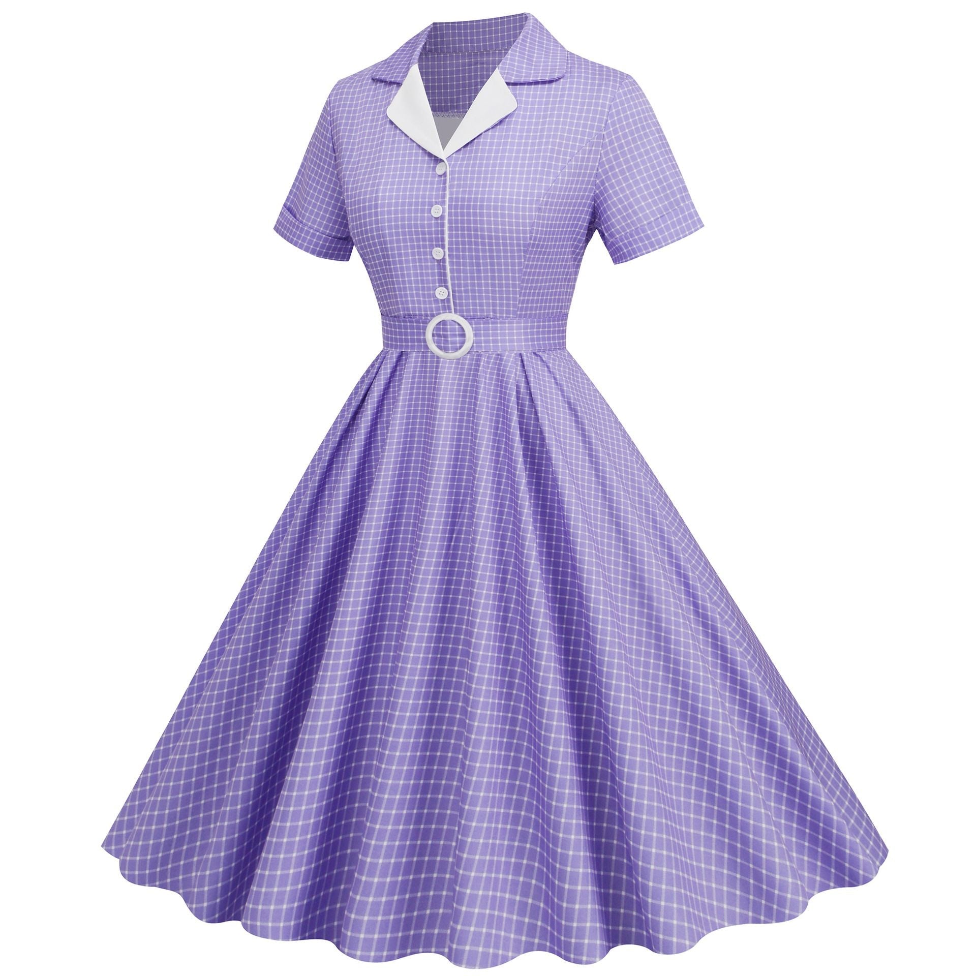 Womens Vintage 1950s Plaid Belt Slim-Fit Swing Retro Dress Mid-Length Dress Purple