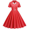 Womens Vintage 1950s Plaid Belt Slim-Fit Swing Retro Dress Mid-Length Dress Red