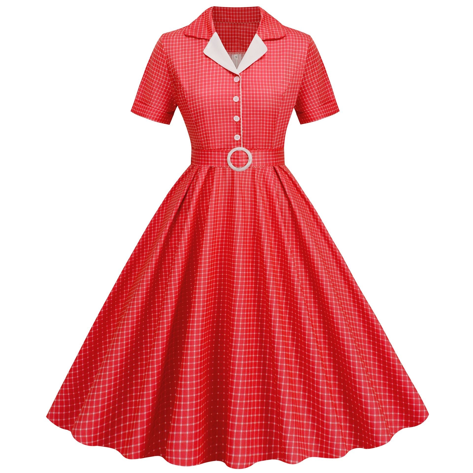Womens Vintage 1950s Plaid Belt Slim-Fit Swing Retro Dress Mid-Length Dress Red