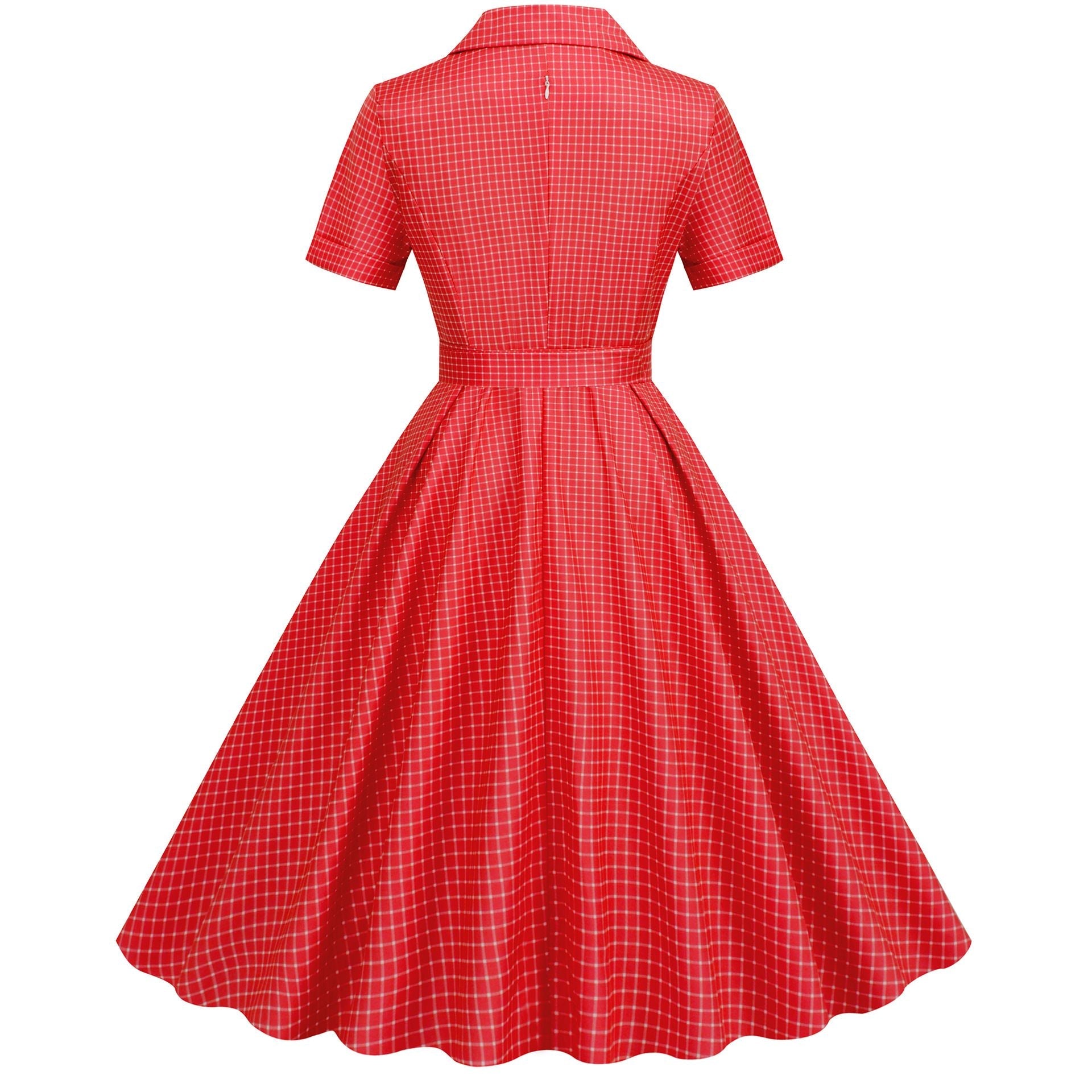 Womens Vintage 1950s Plaid Belt Slim-Fit Swing Retro Dress Mid-Length Dress Red
