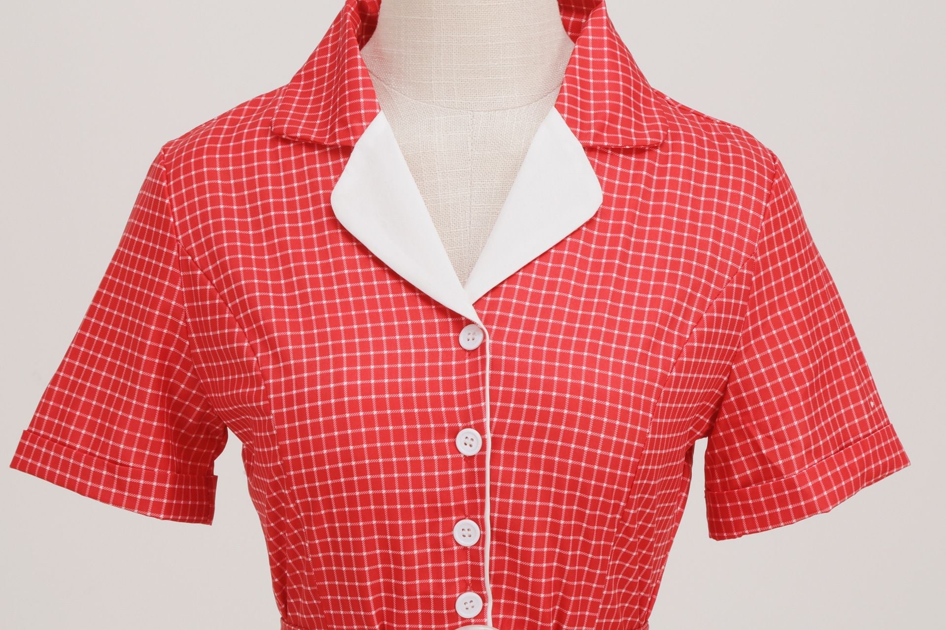 Womens Vintage 1950s Plaid Belt Slim-Fit Swing Retro Dress Mid-Length Dress Red